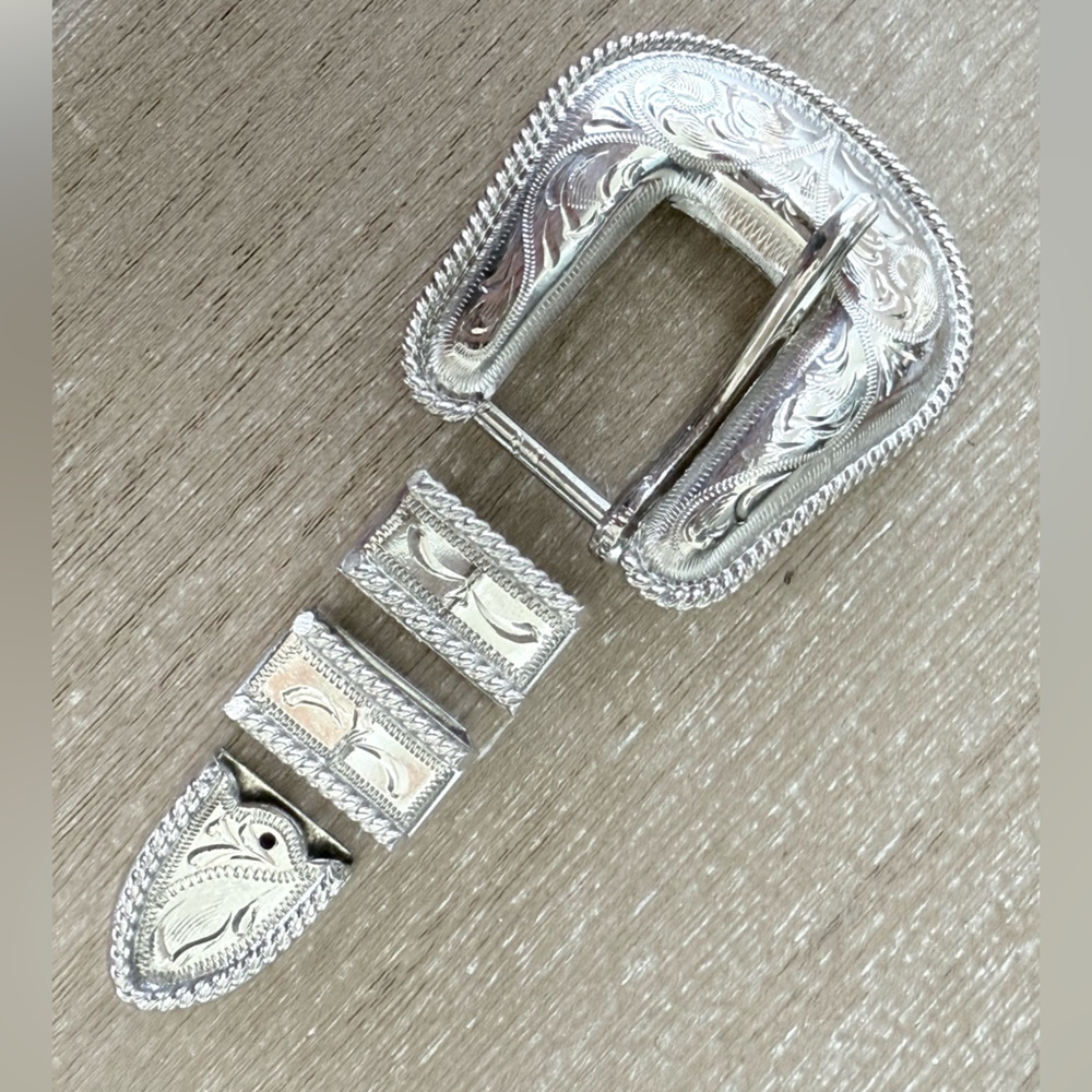 Vintage Mexico Alpaca Nickel Silver Ranger Belt Buckle Set with Roped Edge